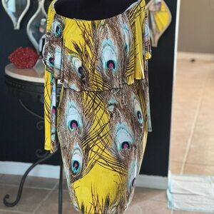 Yellow Peacock Feather Print dress, off shoulder large